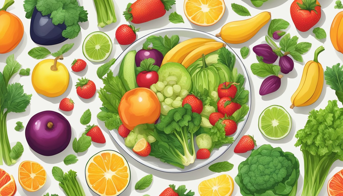 A colorful array of fresh vegetables and fruits arranged on a plate, with a variety of nutritious breakfast items scattered around it