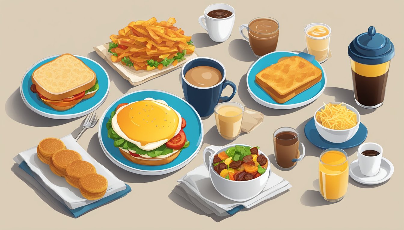 A table set with a variety of BK breakfast items, including sandwiches, hash browns, and coffee, arranged neatly with colorful garnishes