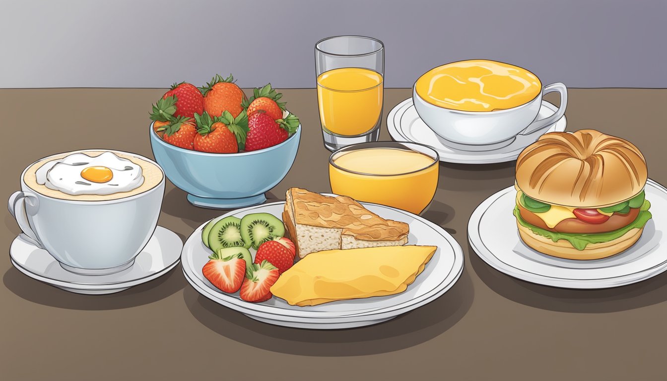 A table set with a variety of BK breakfast items, including an egg and cheese croissant, oatmeal, fruit cup, yogurt parfait, and a breakfast sandwich