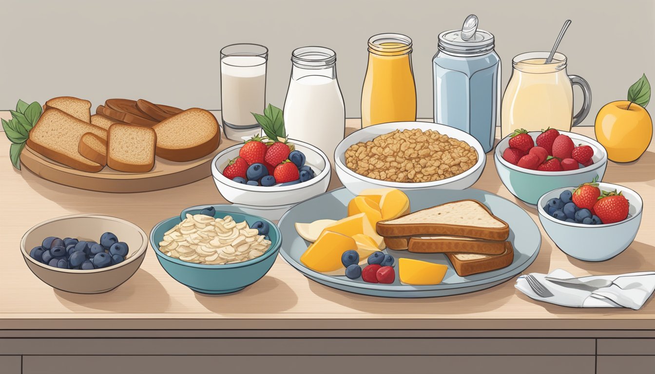 A table with a spread of healthy breakfast options, including fruit, yogurt, whole grain toast, and oatmeal, alongside BK's classic breakfast items