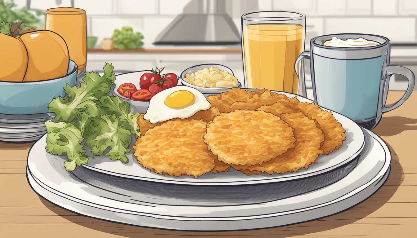 A plate of hash browns surrounded by other breakfast items, with a calorie chart in the background