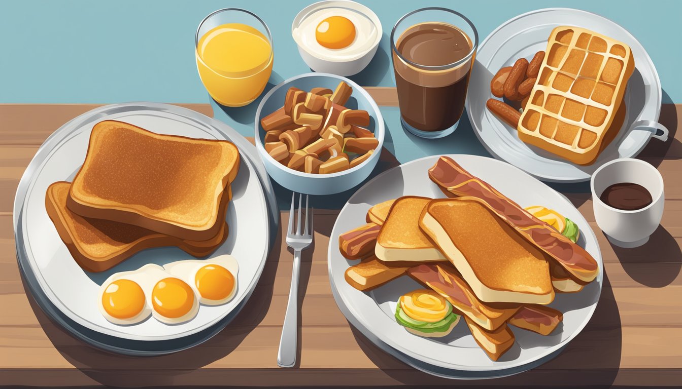 A plate of French toast sticks surrounded by a variety of breakfast items, including pancakes, eggs, and sausage links, arranged in a visually appealing manner