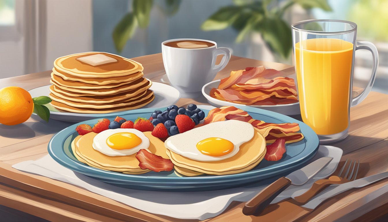 A colorful platter of pancakes, eggs, bacon, and fruit sits on a table, surrounded by a steaming cup of coffee and a glass of orange juice