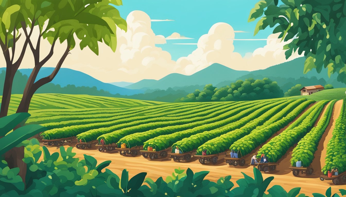 A lush coffee farm with workers harvesting beans, surrounded by vibrant greenery and clear blue skies