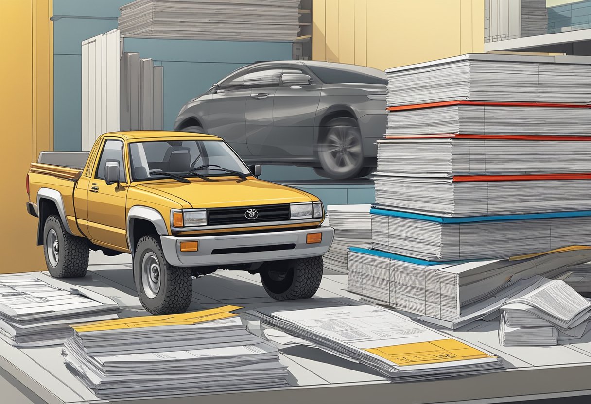 A stack of repair manuals and service diagrams for Toyota vehicles, neatly organized on a desk