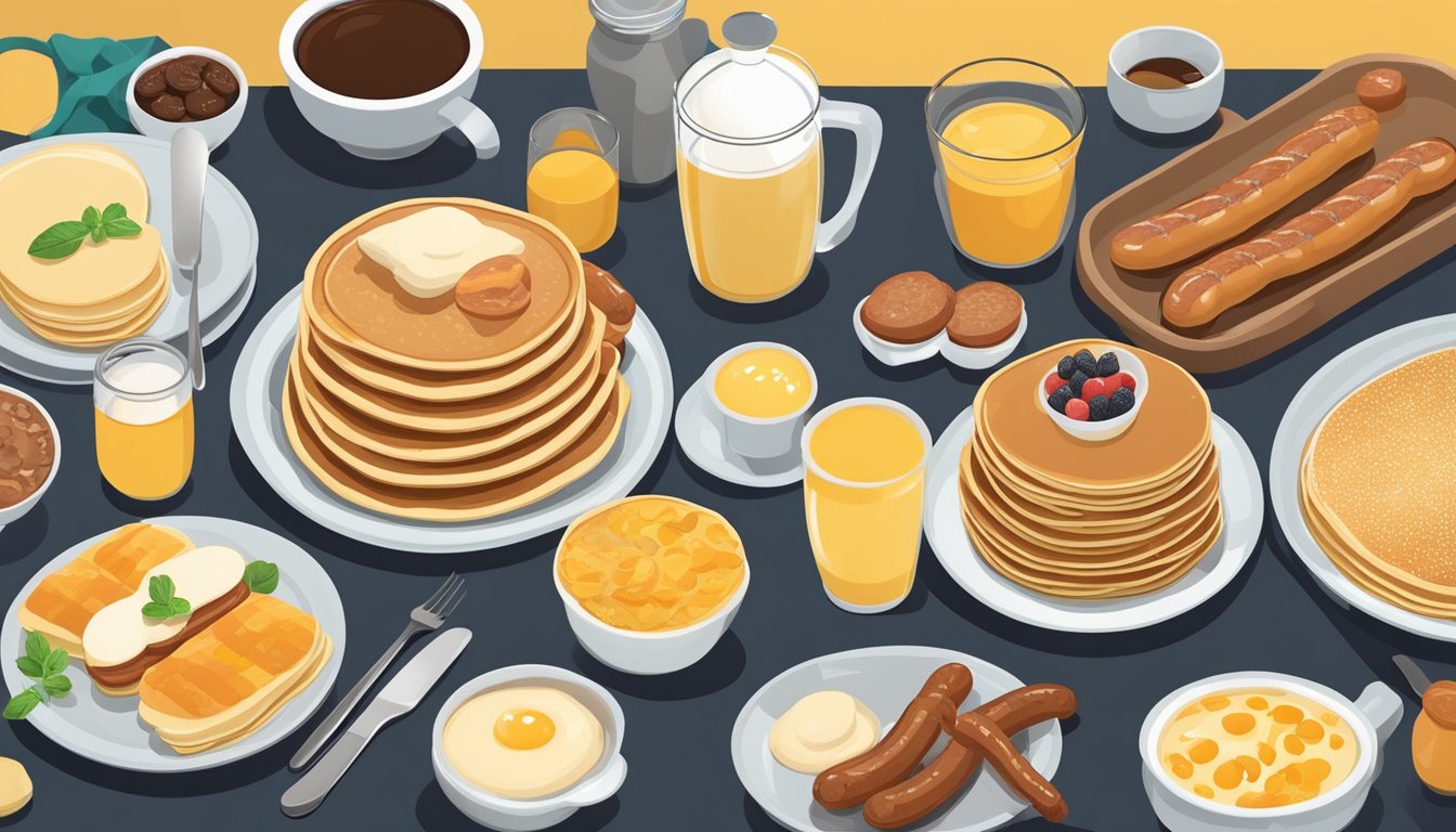 A platter of pancakes and sausage surrounded by various breakfast items, ranked by calories