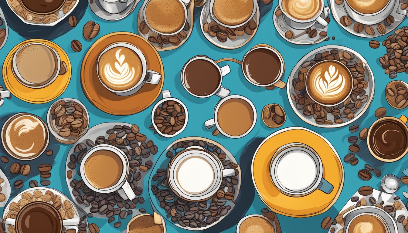 A colorful array of coffee cups, each with a unique design, surrounded by various coffee beans and flavoring options