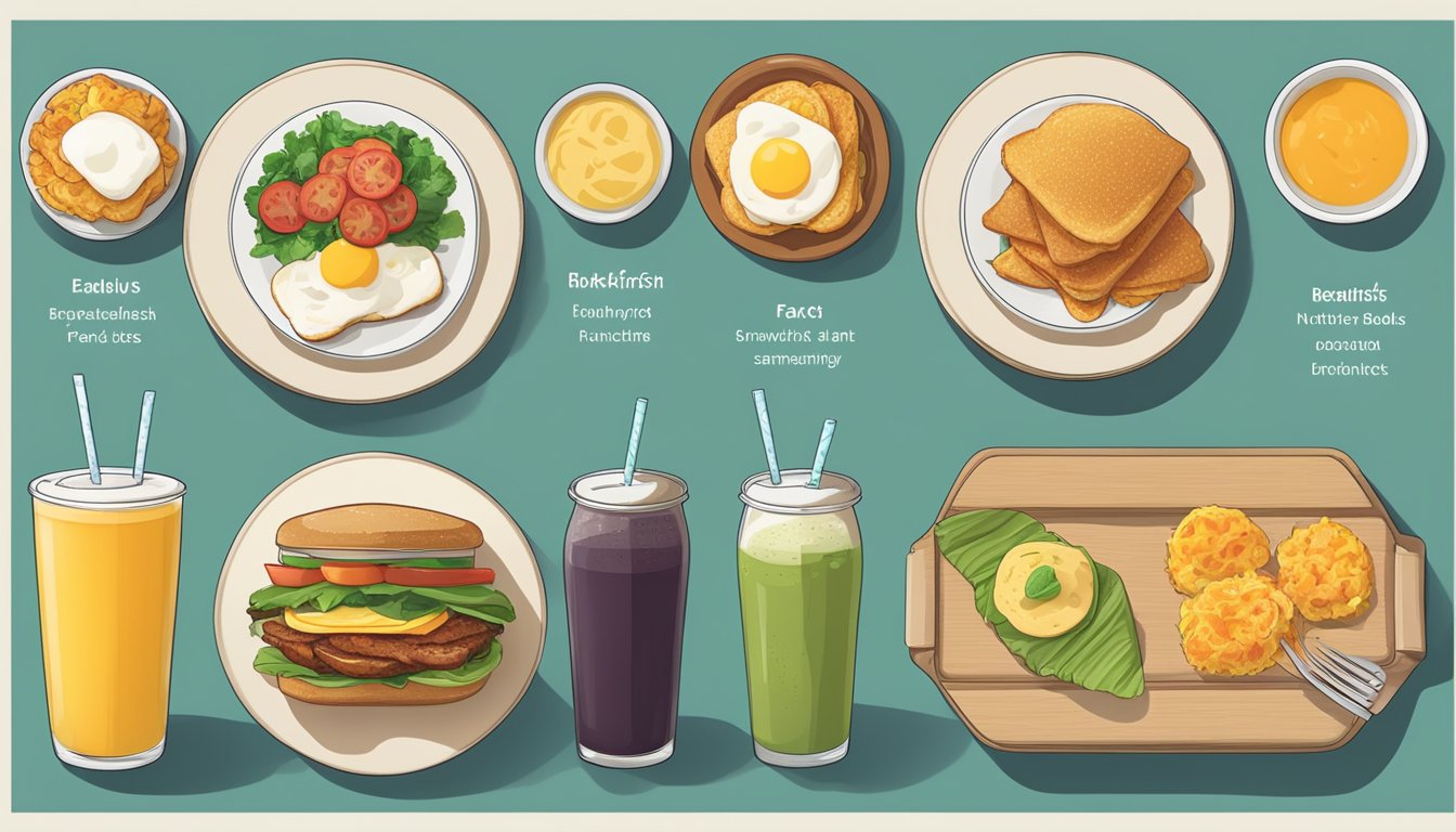 A table with six breakfast options laid out, including sandwiches, hash browns, and drinks, each labeled with their nutritional information