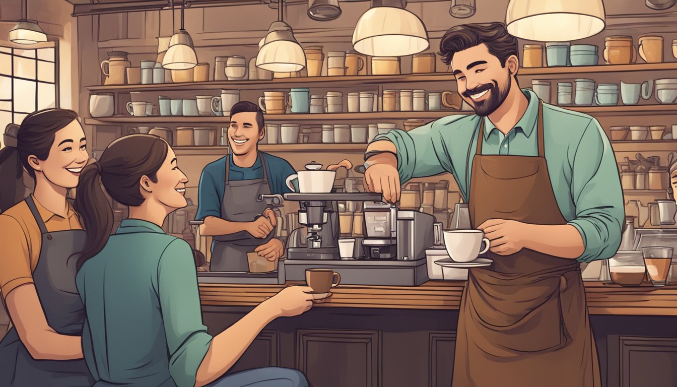 A barista serves a steaming cup of coffee with a smile, surrounded by a bustling cafe filled with happy customers