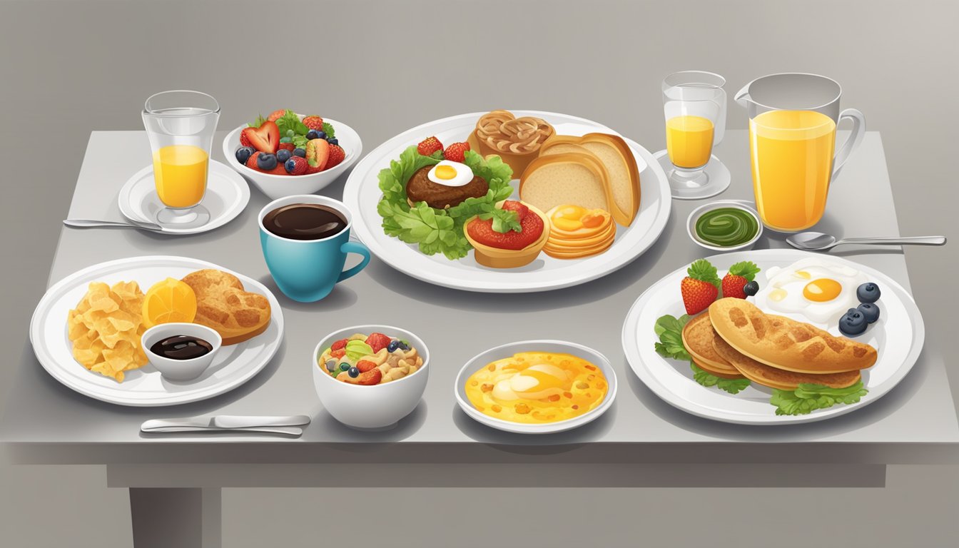 A table set with six different breakfast meals, each with their own unique presentation and arrangement of food items