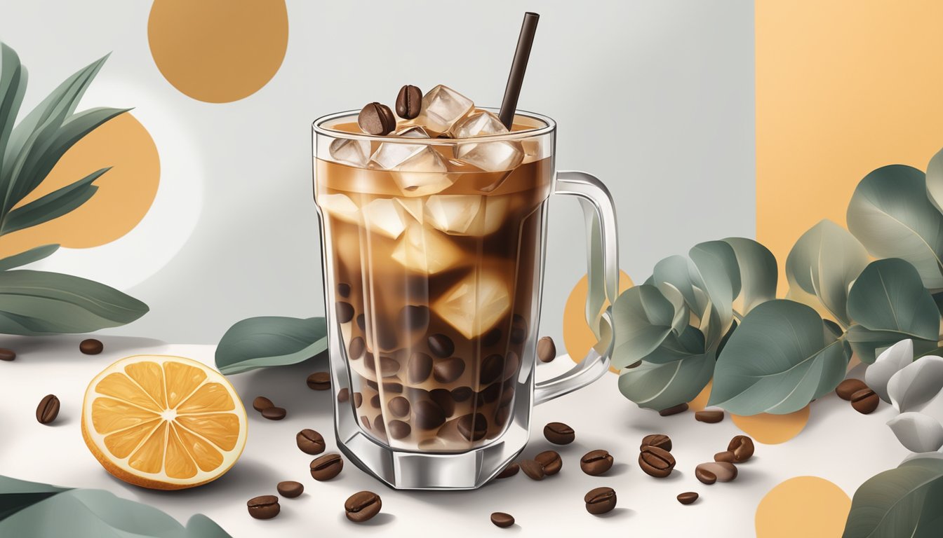 A refreshing iced coffee surrounded by coffee beans, ice cubes, and decorative garnishes on a sleek, modern table