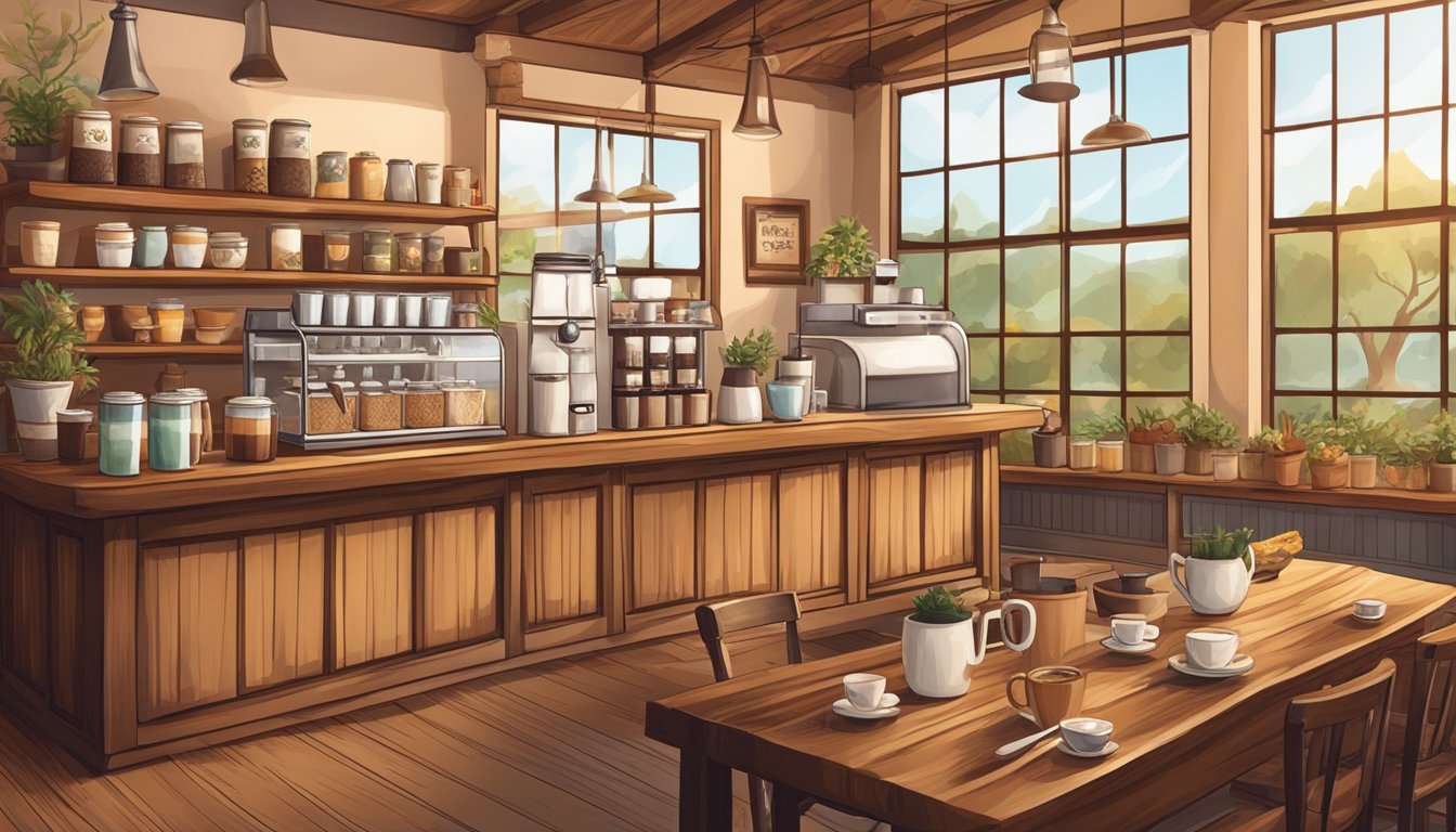 A cozy coffee shop with a variety of seasonal drinks displayed on a rustic wooden counter, surrounded by warm, inviting decor