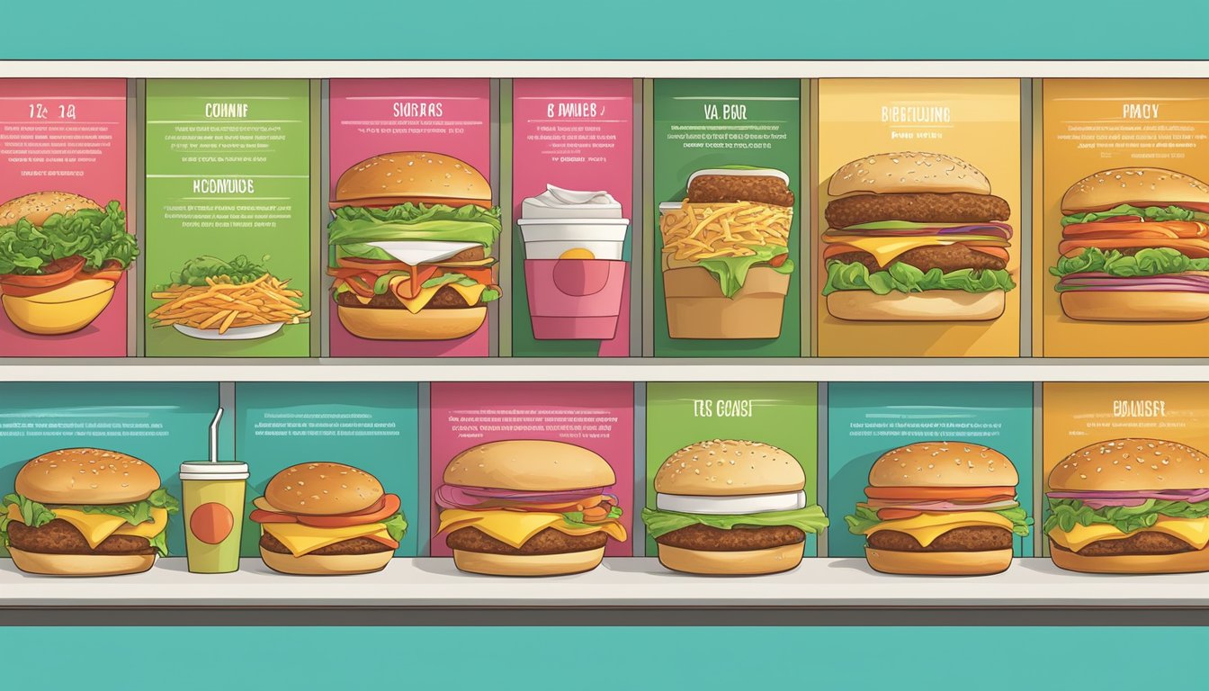 A colorful fast food restaurant menu board with images of the BK Veggie Burger and 12 BK Breakfast Combos under 500 calories displayed prominently