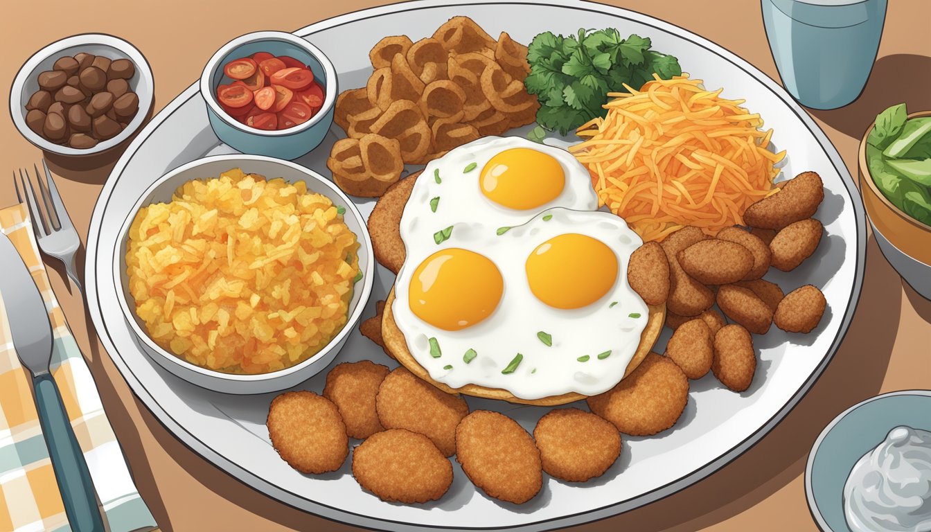 A plate of small hash browns surrounded by breakfast items, totaling under 500 calories