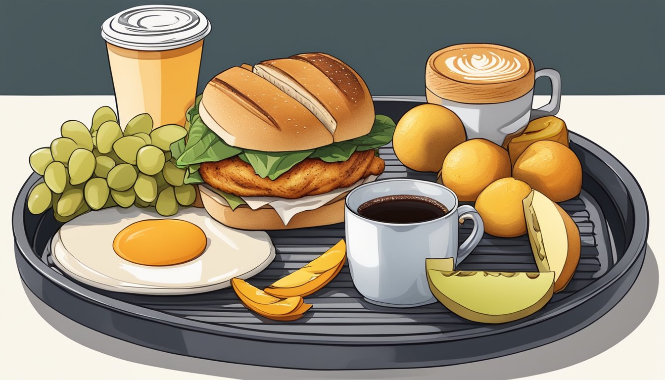 A grilled chicken sandwich with a side of fruit and coffee on a tray