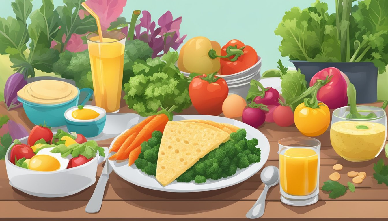 A colorful garden with fresh vegetables and a breakfast combo under 500 calories displayed on a table