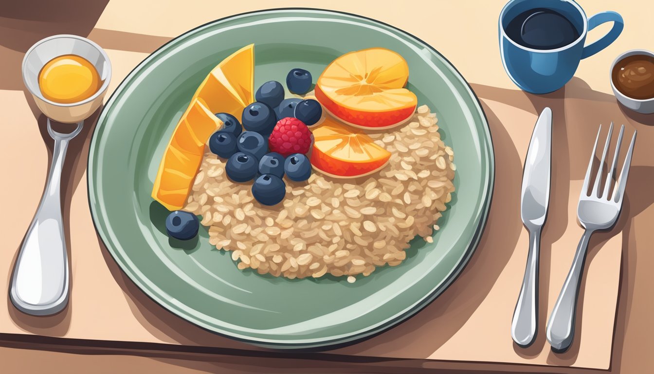 A plate with oatmeal and a side of fruit instead of hash browns on a breakfast tray