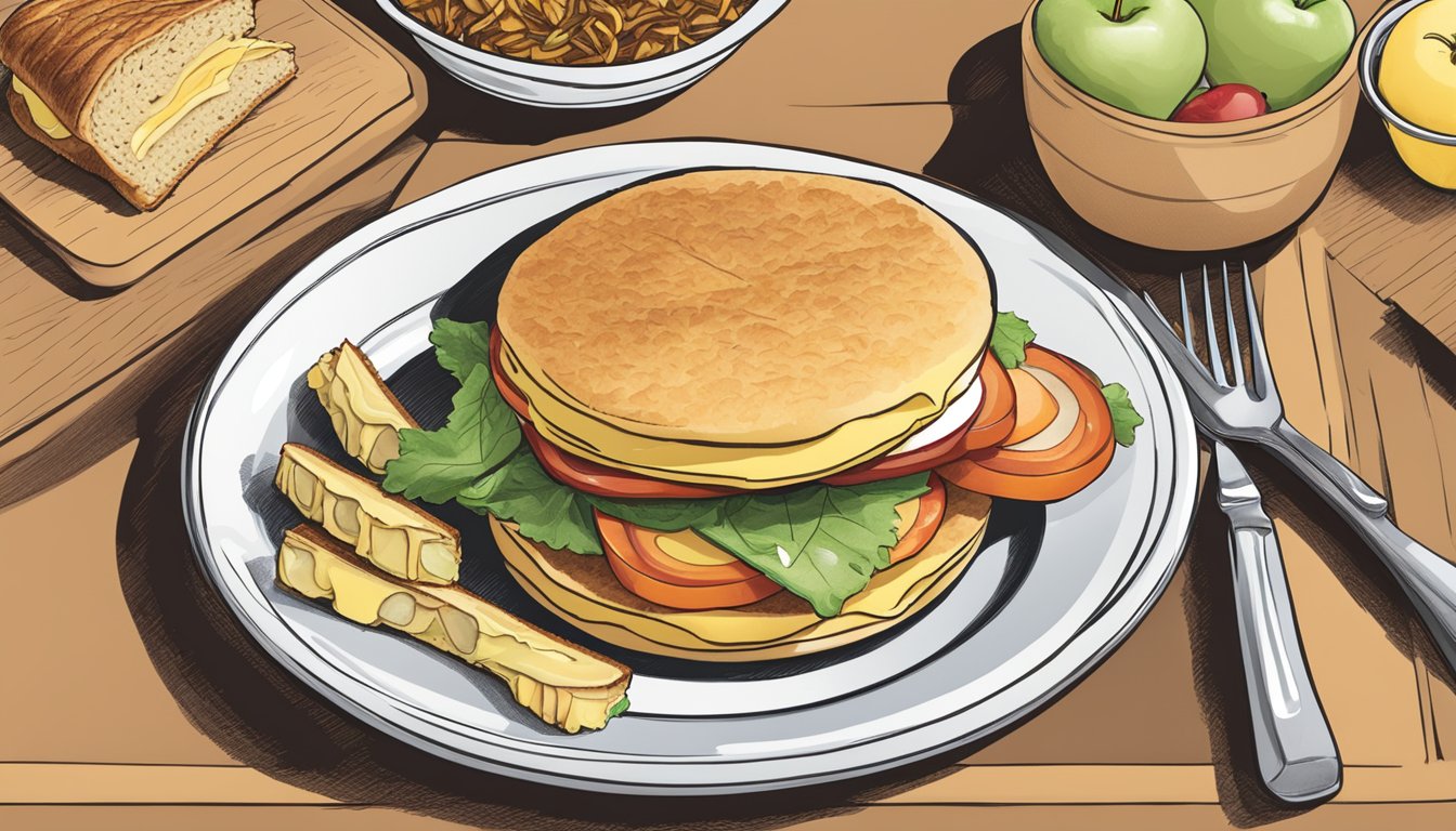 A plate with a breakfast sandwich, hash browns, and a side of apple slices arranged in an appealing manner on a table