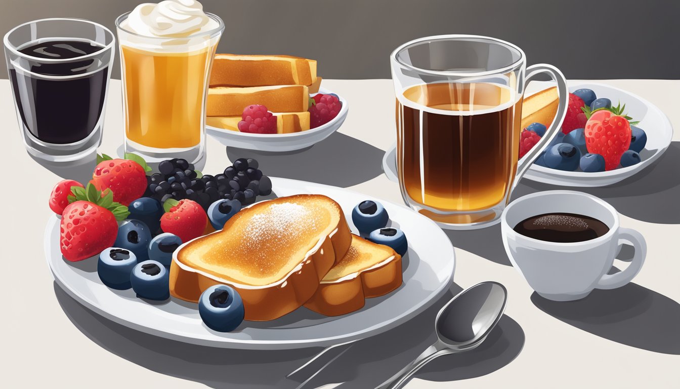 Golden French toast sticks surrounded by syrup, powdered sugar, and fresh berries on a white plate. A cup of coffee sits nearby