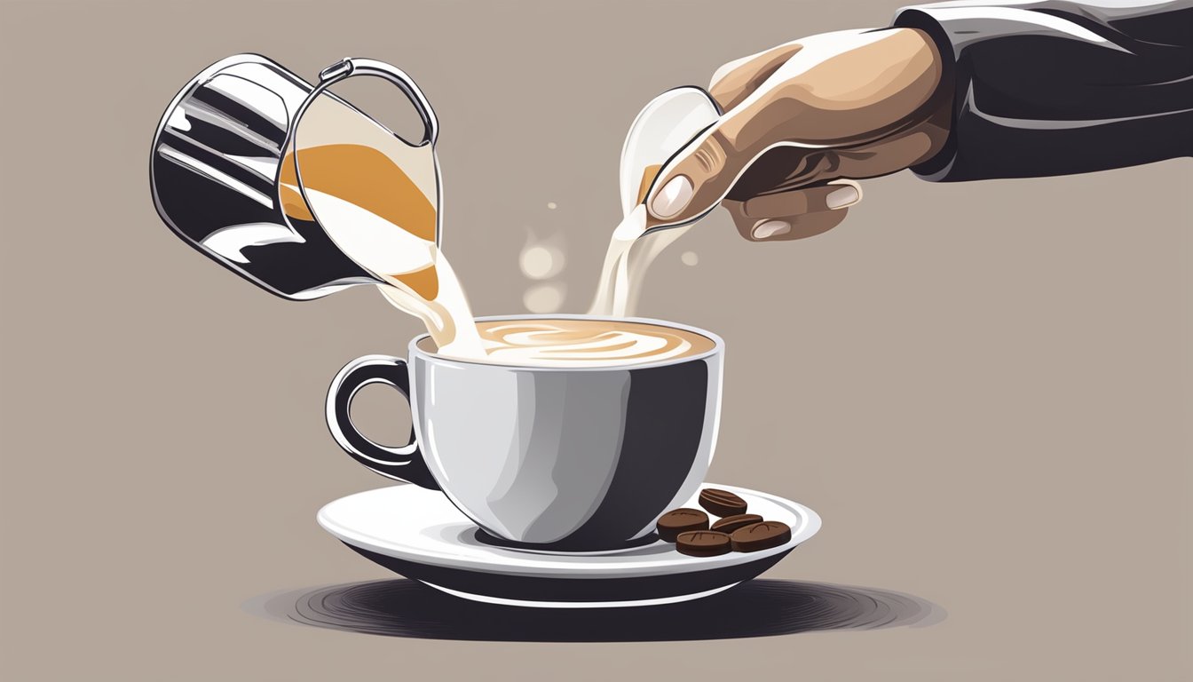 A hand pouring low-fat milk into a steaming cup of coffee