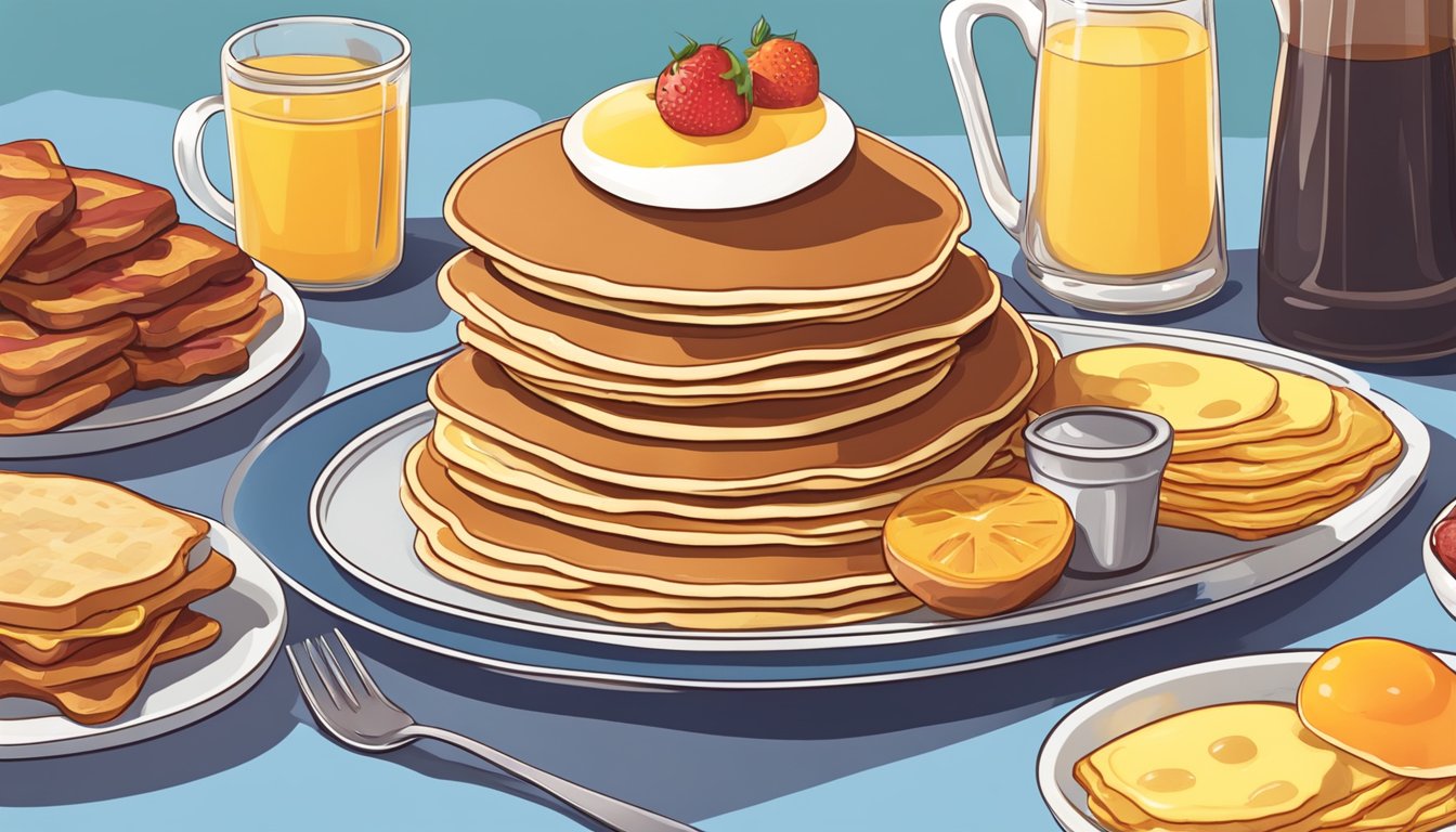 A colorful platter with a stack of fluffy pancakes, bacon, eggs, sausage, hash browns, toast, fruit, and a pitcher of syrup