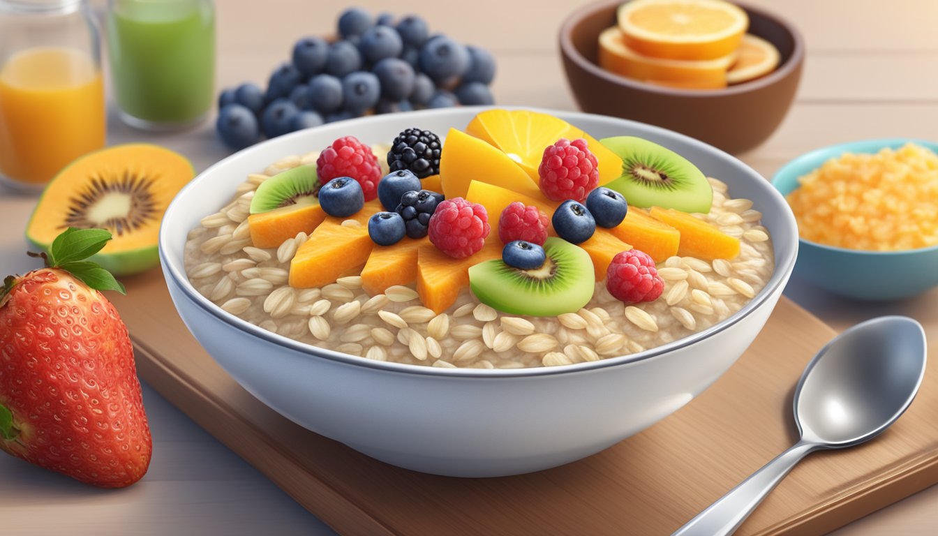 A bowl of oatmeal topped with colorful fruit, surrounded by a variety of breakfast items on a tray