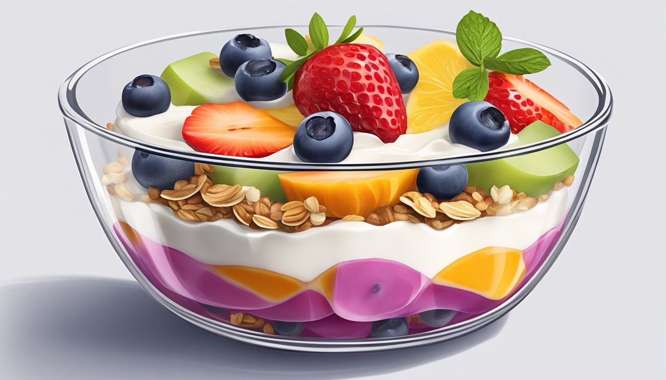 A colorful parfait with layers of yogurt, granola, and fresh fruit in a clear glass dish