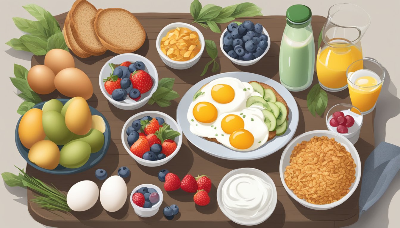 A table with various ingredients, including eggs, whole grain bread, fresh fruit, and yogurt. A sign displaying "5 Ways to Make Your BK Breakfast Healthier" is visible