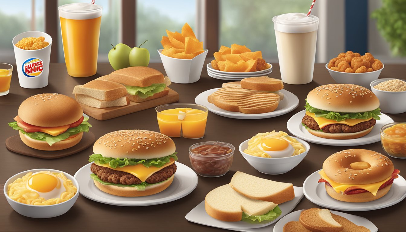 A table with a variety of breakfast items from Burger King, including options for healthier modifications such as whole grain buns and fresh fruit