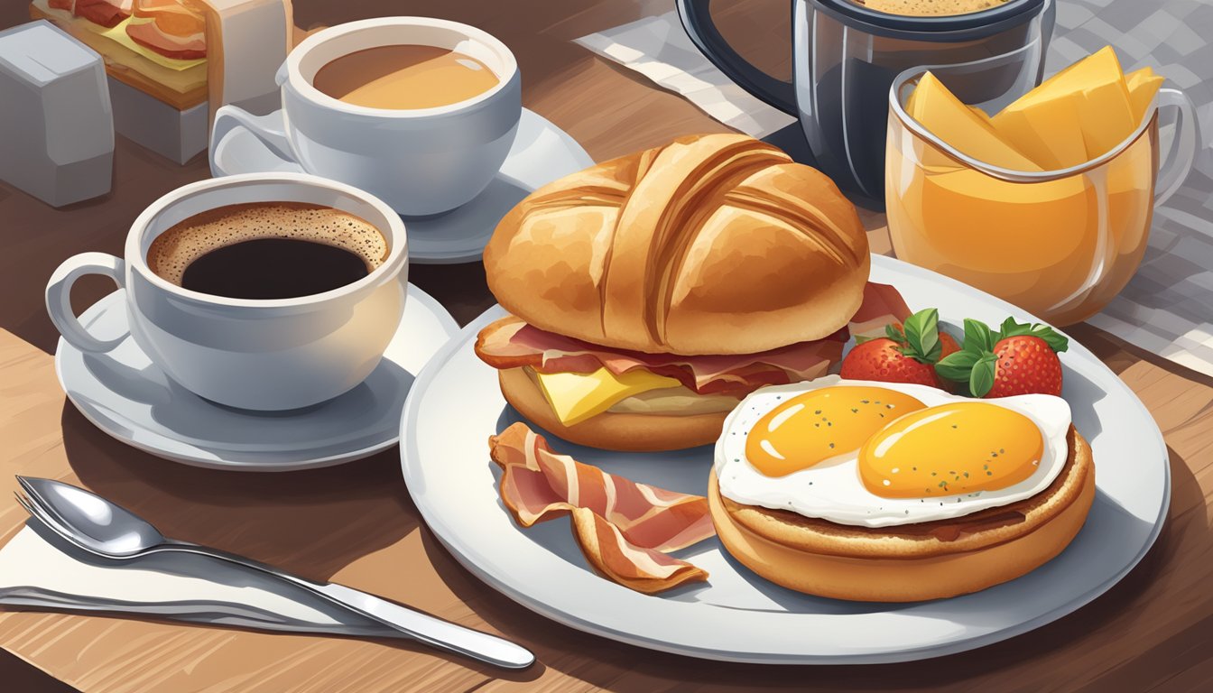 A breakfast combo featuring a Bacon, Egg & Cheese Croissan'wich surrounded by a hot cup of coffee and a side of fruit