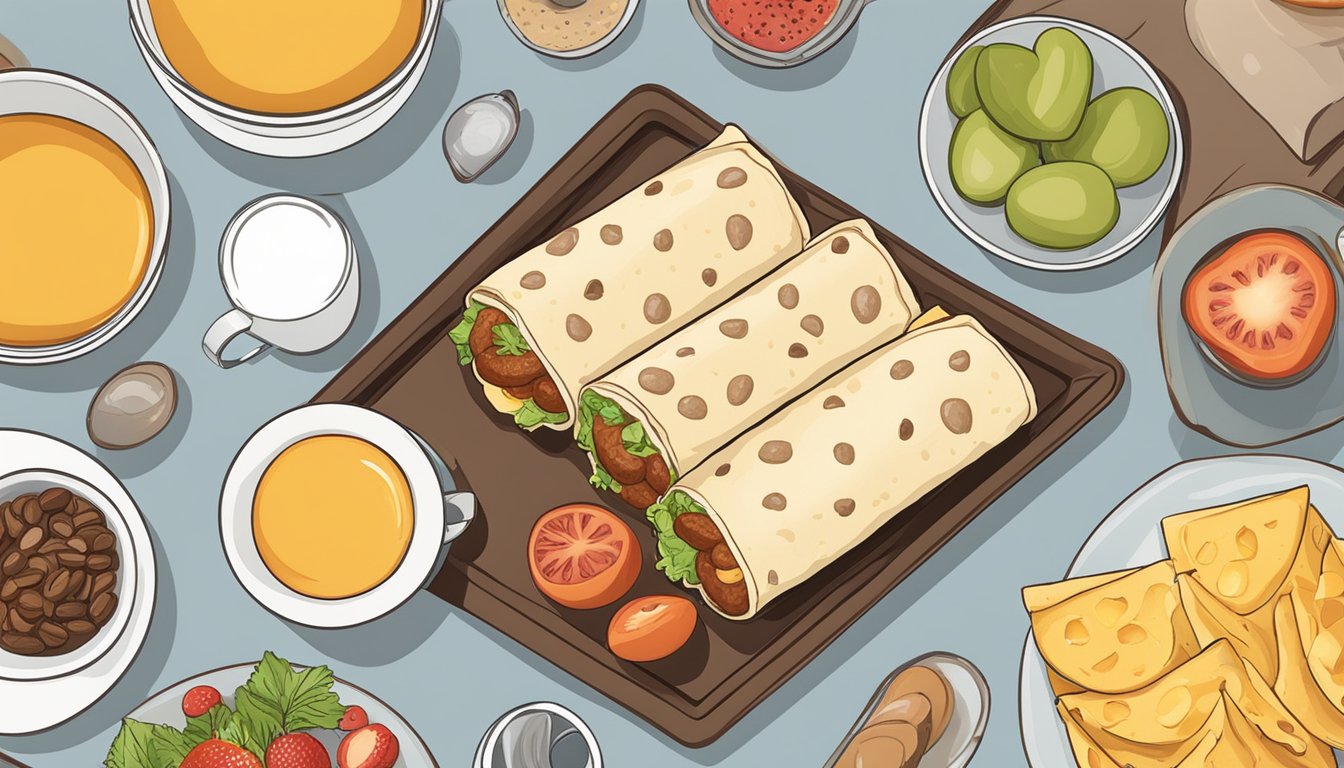 A breakfast burrito with sausage, eggs, and cheese, alongside a side of fruit and a cup of coffee on a tray