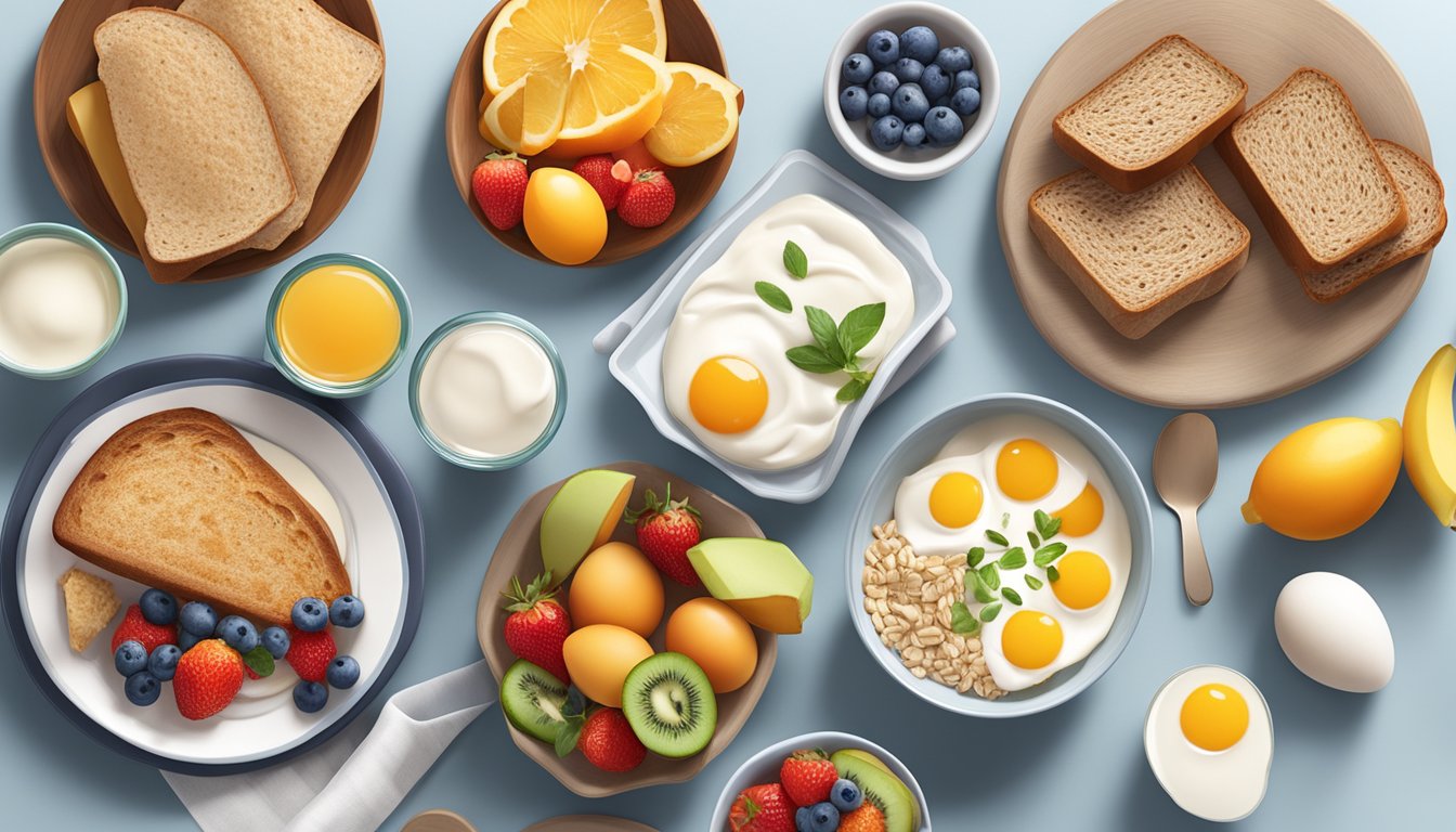 A table set with a variety of balanced breakfast foods, including fruits, whole grain bread, eggs, and yogurt, all totaling under 500 calories