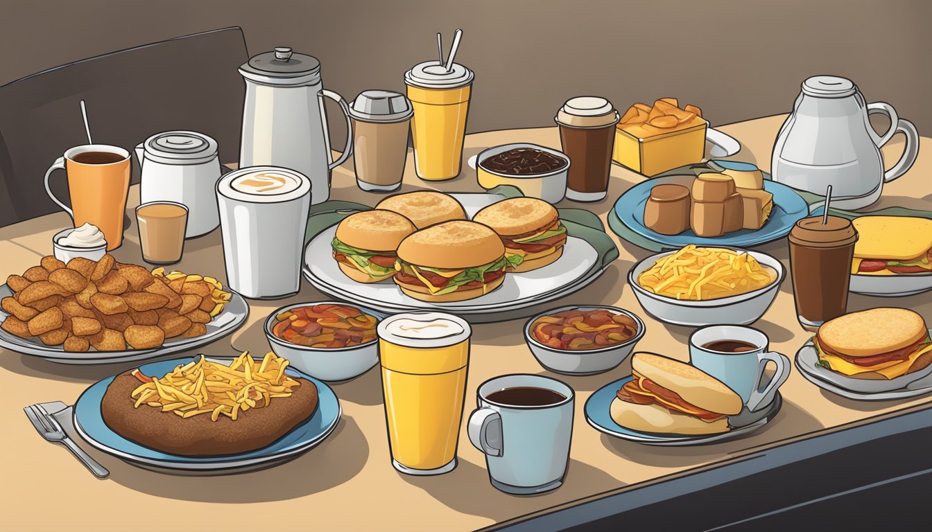 A table spread with a variety of BK breakfast items, including sandwiches, hash browns, and coffee, arranged in an appetizing display