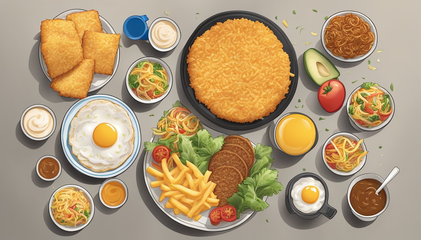 A plate of golden hash browns surrounded by a variety of vegetarian-friendly breakfast items from Burger King