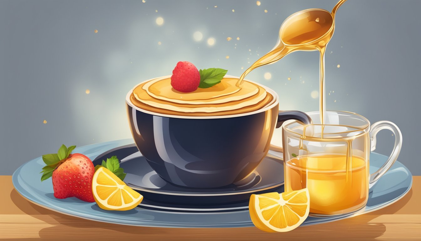 A stack of golden pancakes with syrup dripping down, surrounded by fresh fruit and a steaming cup of coffee