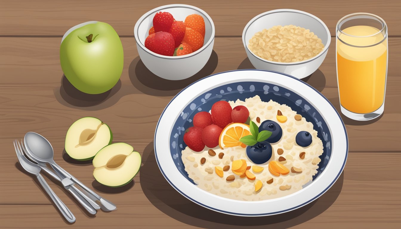 A table set with a bowl of oatmeal, fruit, and other vegetarian breakfast items