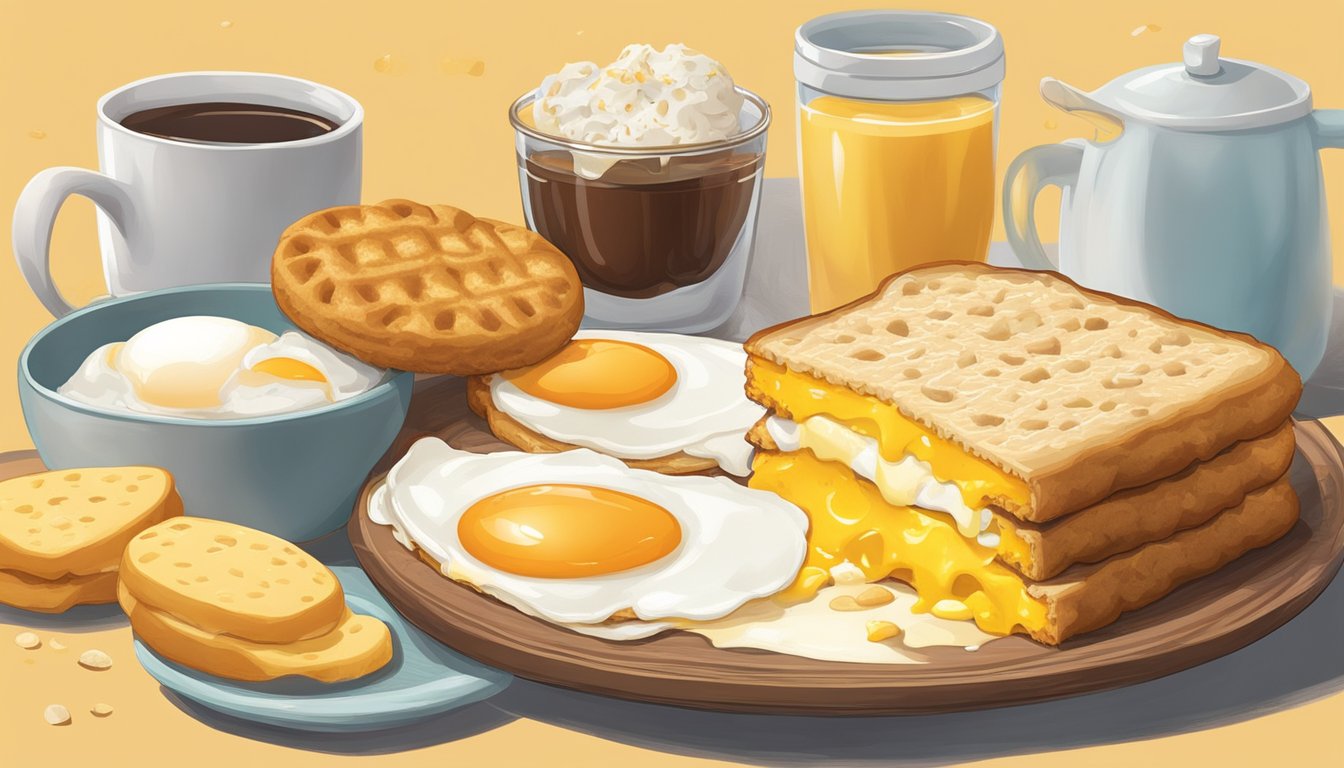 A golden-brown biscuit split in half, with a fluffy egg and melted cheese spilling out, surrounded by other breakfast items