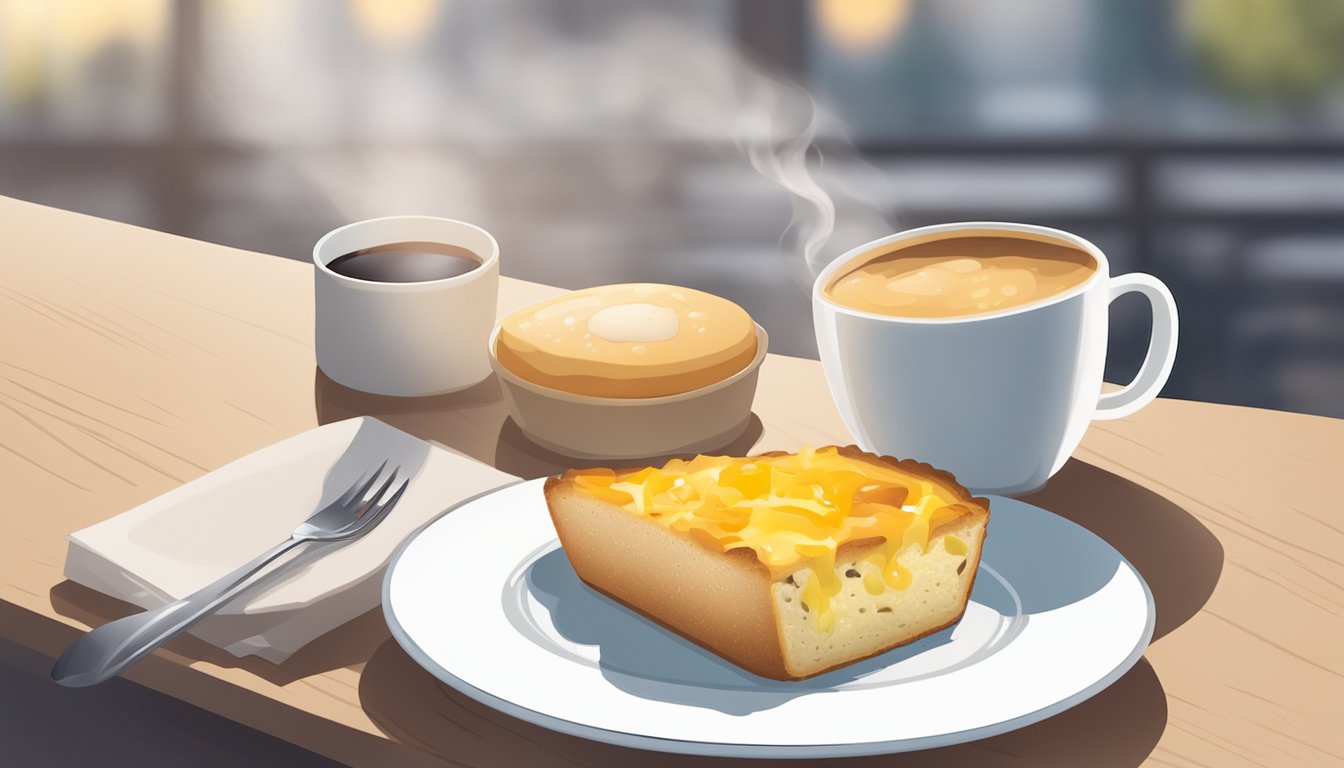 A freshly baked egg and cheese muffin sits on a white plate next to a steaming cup of coffee