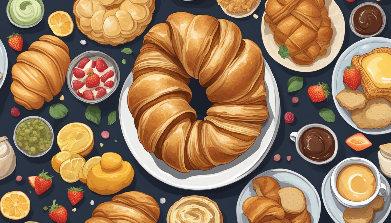 A regal croissant surrounded by seven breakfast items, each with a mispronounced name