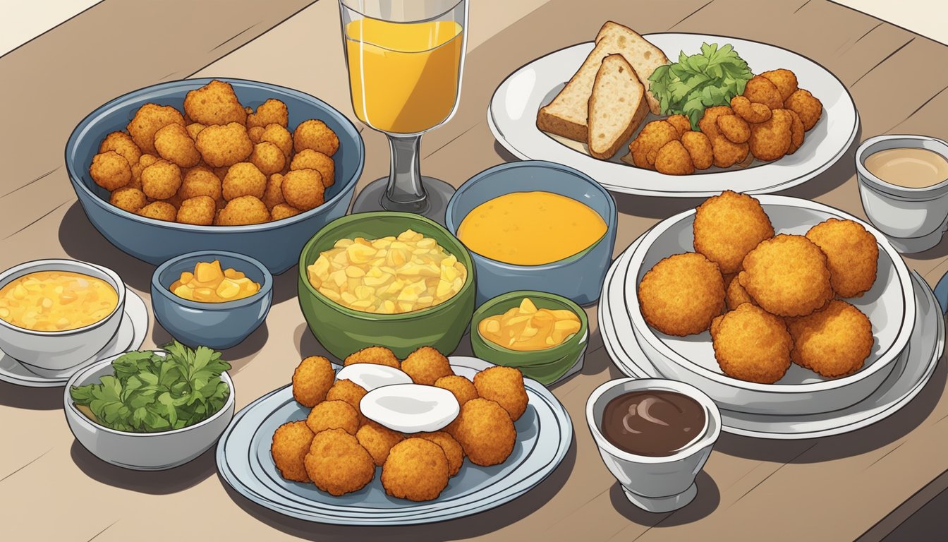 A breakfast table with a variety of vegetarian-friendly items, including Cheesy Tots, displayed appetizingly