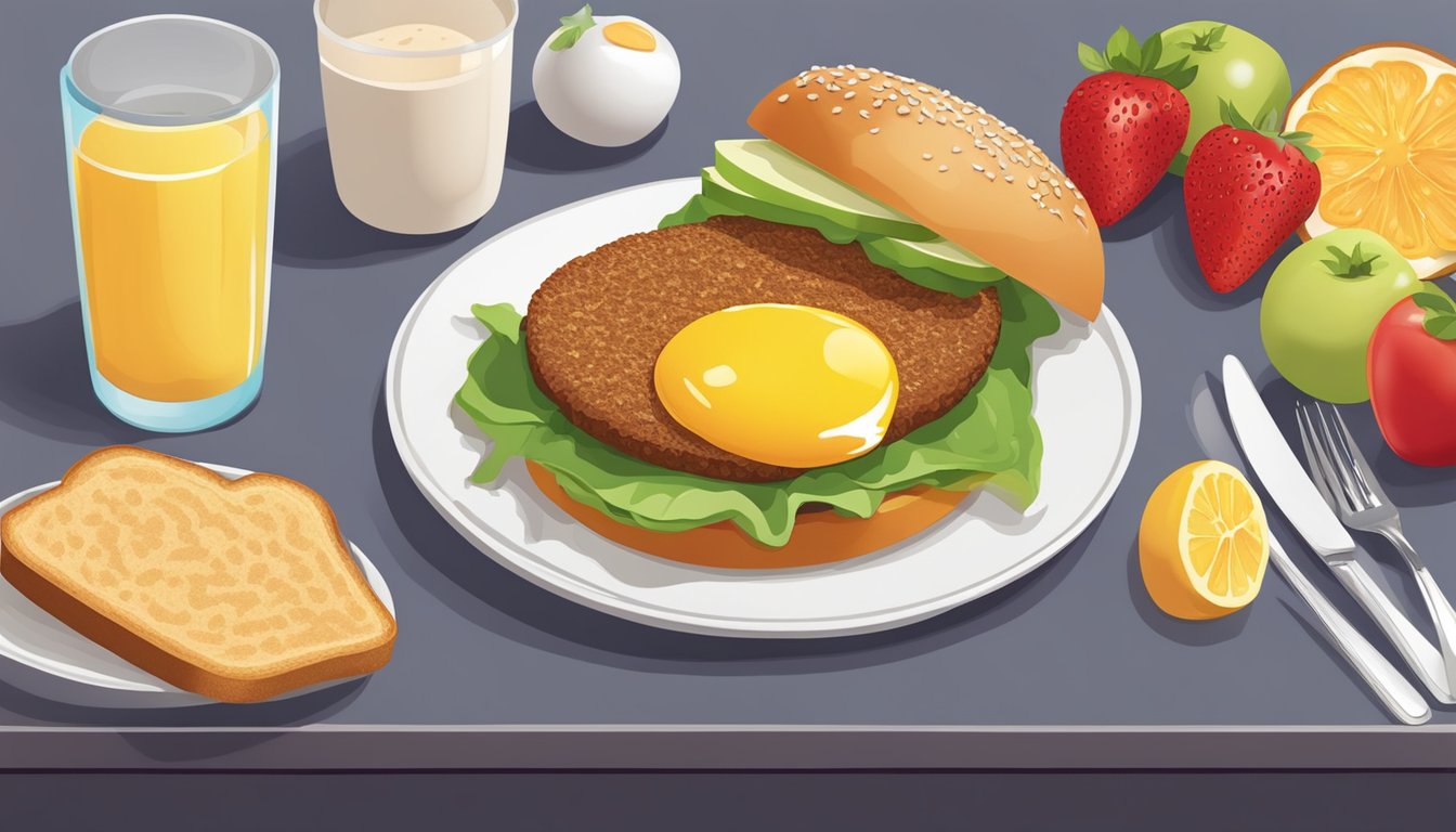 A colorful breakfast plate with a veggie burger, eggs, toast, and fresh fruit arranged neatly on a table