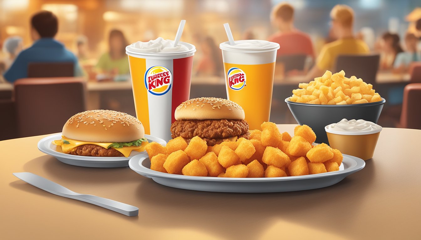 A platter of Cheesy Tots and other breakfast items displayed on a table, with the Burger King logo in the background