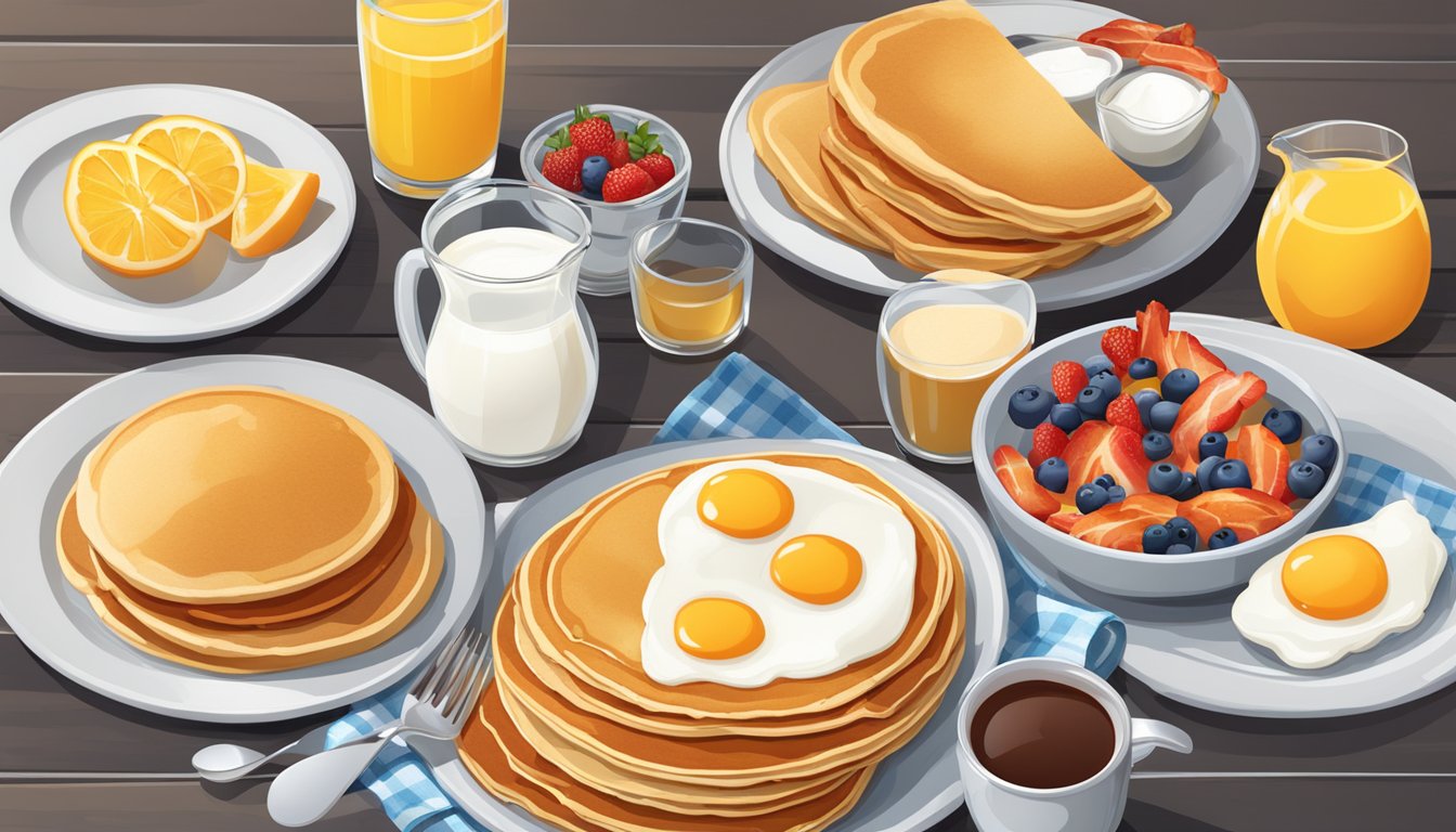 A table set with a variety of breakfast items including pancakes, eggs, bacon, fruit, and yogurt, with a glass of orange juice