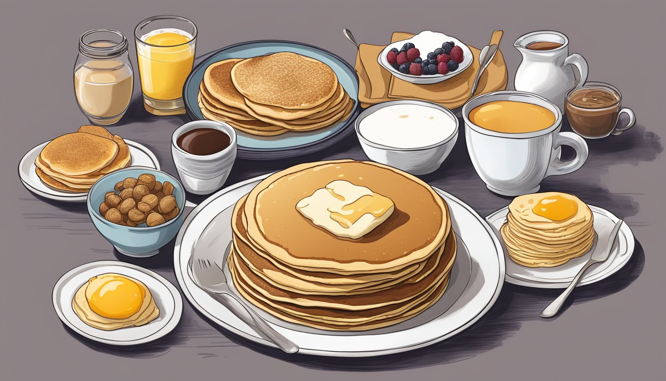 A platter of pancakes surrounded by seven breakfast menu items, with mispronunciations written in the background