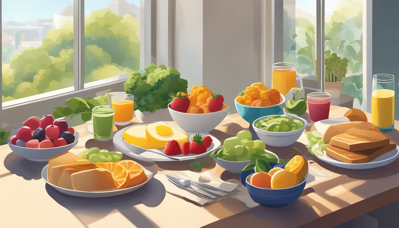 A colorful spread of vegetarian breakfast items, including fruits, vegetables, grains, and plant-based proteins, arranged on a table with natural light streaming in from a nearby window