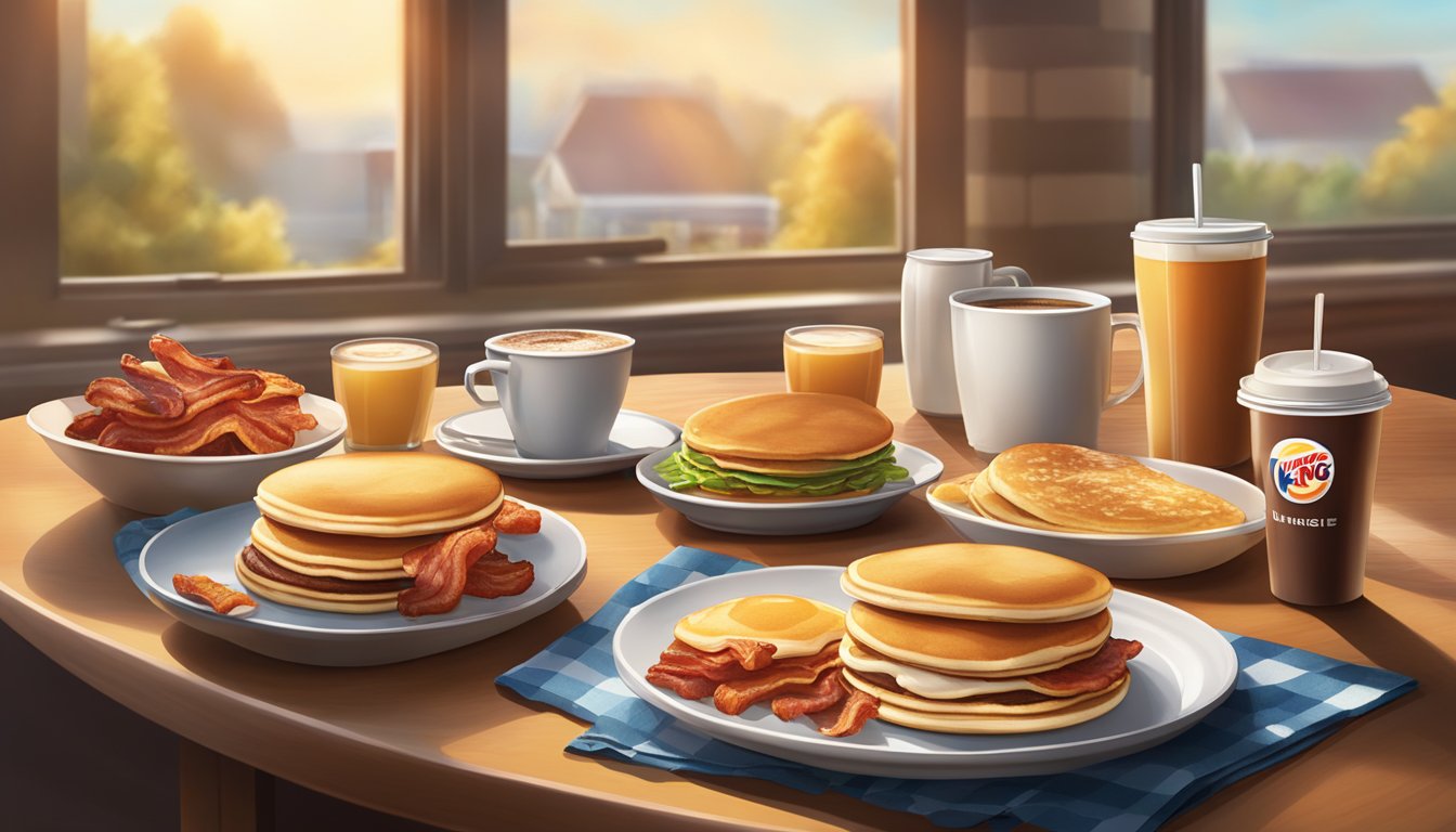 A sunlit kitchen table set with a steaming cup of coffee, a plate of fluffy pancakes, crispy bacon, and a variety of breakfast items from Burger King