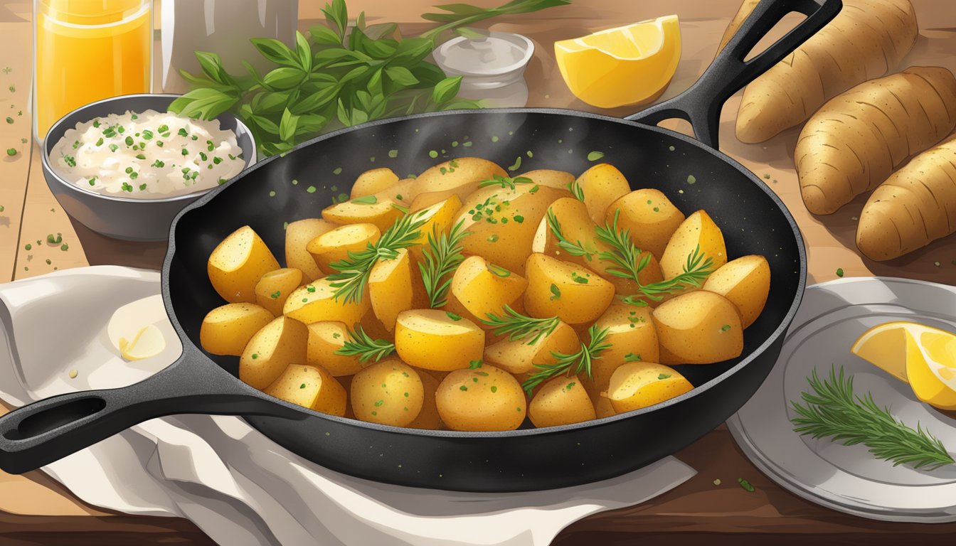 A sizzling skillet of golden breakfast potatoes, sprinkled with herbs and spices, emanates a tantalizing aroma, promising a crispy and addictive dining experience