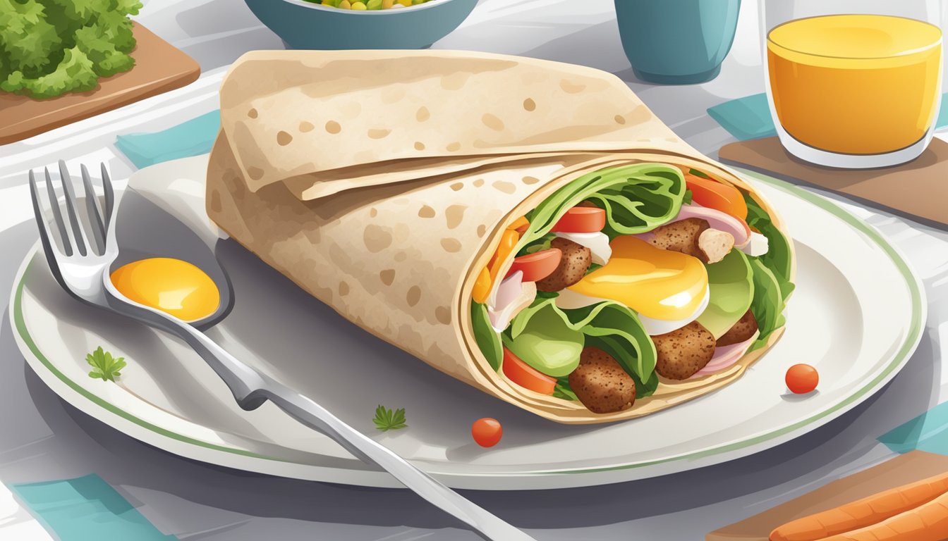 A colorful breakfast wrap with turkey sausage, eggs, and veggies on a plate