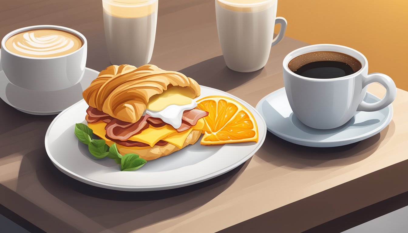 A bacon and cheese croissant sandwich surrounded by a cup of coffee, orange juice, yogurt, and a fruit bowl on a breakfast table