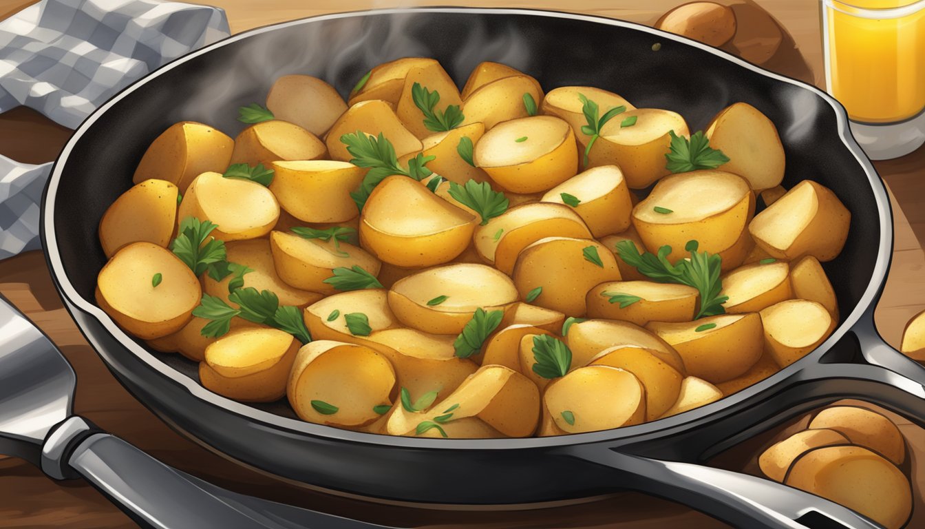 A sizzling skillet of golden breakfast potatoes, seasoned to perfection, emanates a mouthwatering aroma, tempting anyone nearby to take a bite